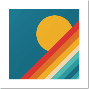 Retro Rainbow Sunset on Dark Blue Background Posters and Art